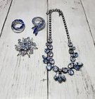 Vintage Blue Rhinestone Silvertone Metal Costume Jewelry Lot Brooch Necklace