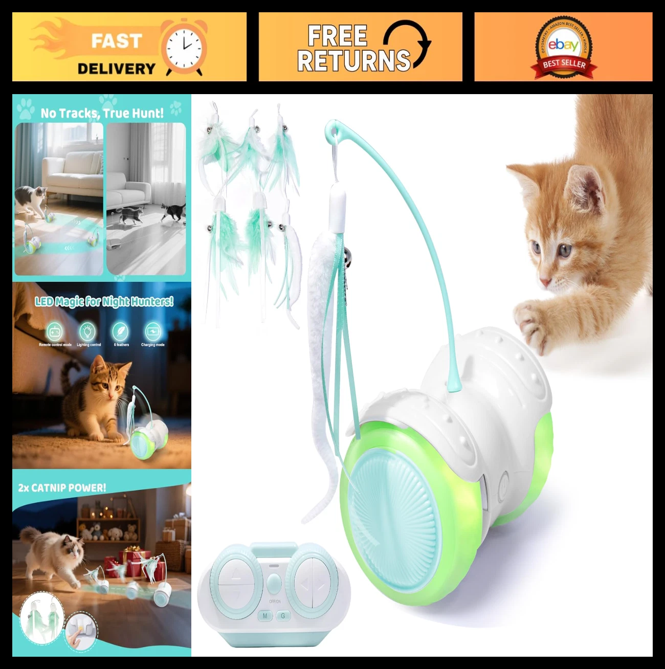 Interactive Remote Control Cat Toy - Auto Mode Feather & LED, Keeps Cats Active