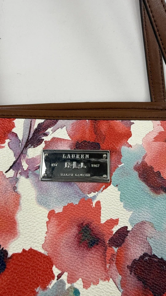 LRL Ralph Lauren Tote Bag Womens Floral Watercolor Zip Top Shoulder RLL Logo - Image 2 of 4
