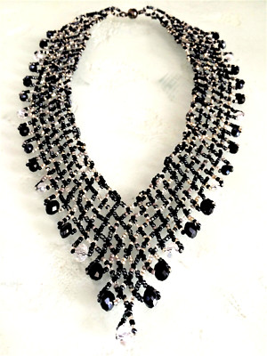 Artist Czech Glass Bead BLACK, SILVER  Cascade Bib ''V'' NECKLACE 20''