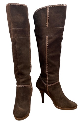 Reba Womens Over the Knee Boots Brown Suede High Heel Leather Zip Boots 9M - Picture 2 of 14
