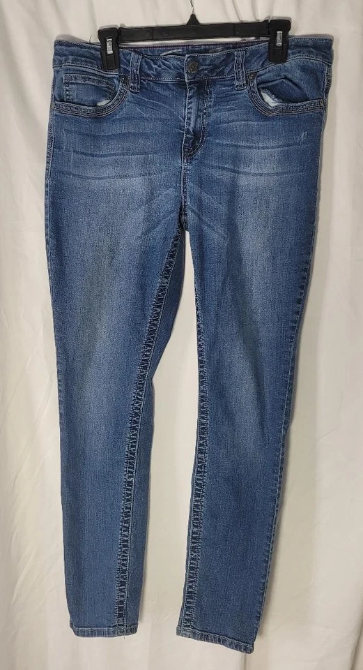 Pantalones de mezclilla Seven7 tiro medio ajustados azules desgastados elásticos para mujer 14 Foto 2 de 4