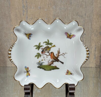 Herend Rothschild Bird  Dish Pearl Handles with Butterflies and Insect # 3073