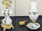 2 x Vintage Blue Rose Milk Glass Hurricane Table Lamps
