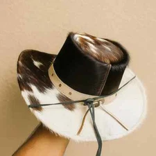 Men's Western Cowboy Hat Cowhide Genuine Leather Handmade Hair On Rodeo Style