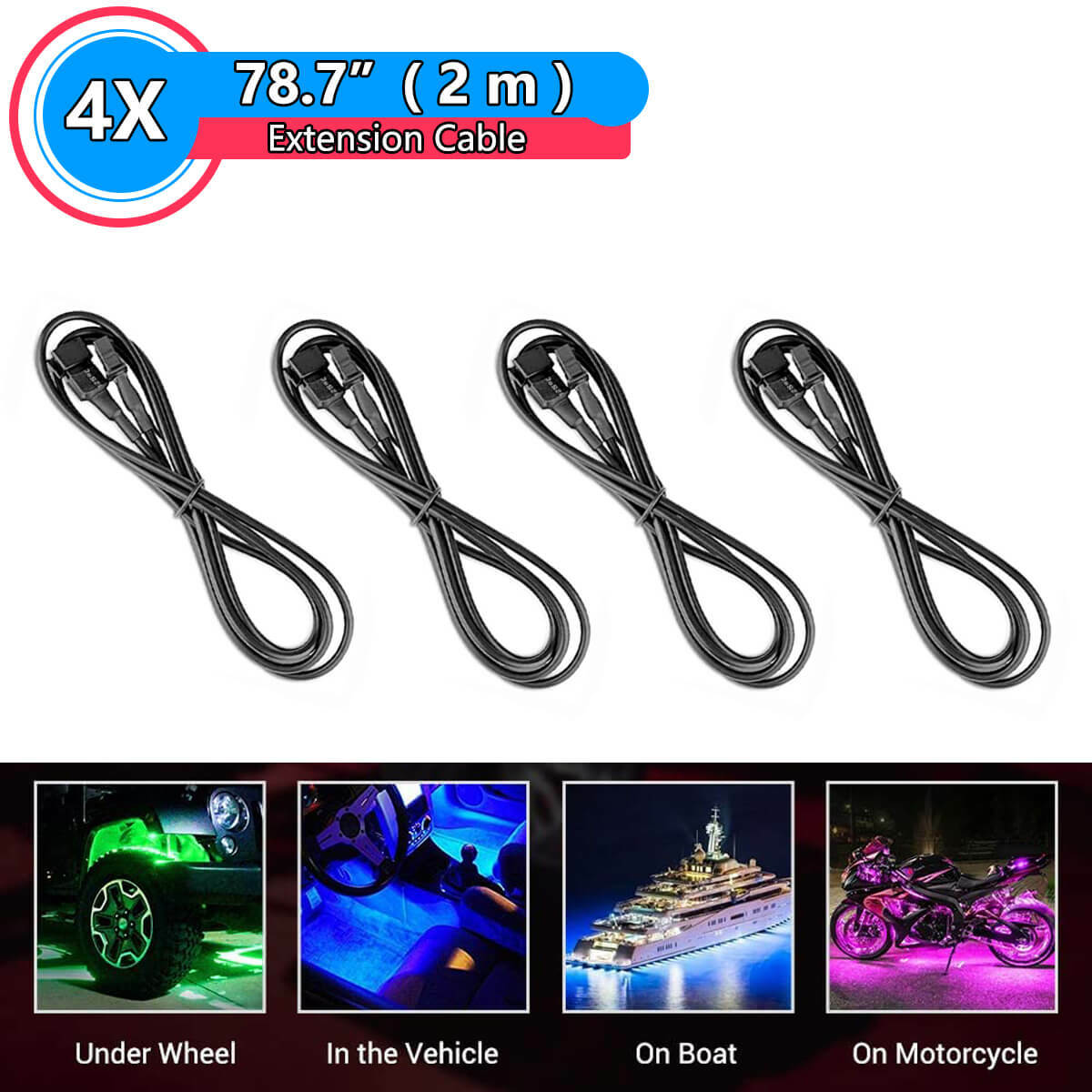2-Pack 200cm (6.5ft) Extension Cables For LED Under Glow Neon Strips & Rock Lights - 12V 6 thumbnail image