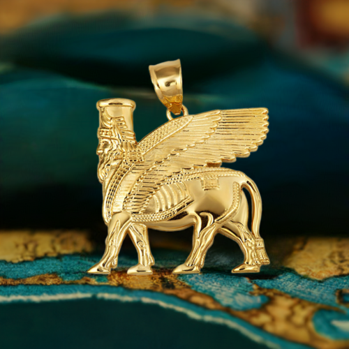 Gold Ancient Assyrian God Lamassu Winged Bull Pendant Necklace - Picture 10 of 17