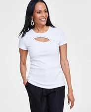 I.n.c. International Concepts Women's Fitted Cutout Top Bright White SZ L DEFECT