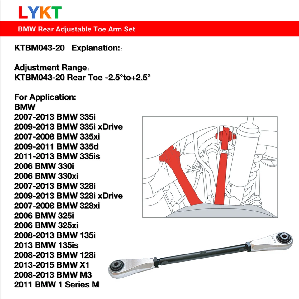 LYKT 2pcs Rear Adjustable Toe arm Kit for BMW335/330/328/325/135/128/M3/X1 13-15 Foto 3 de 4