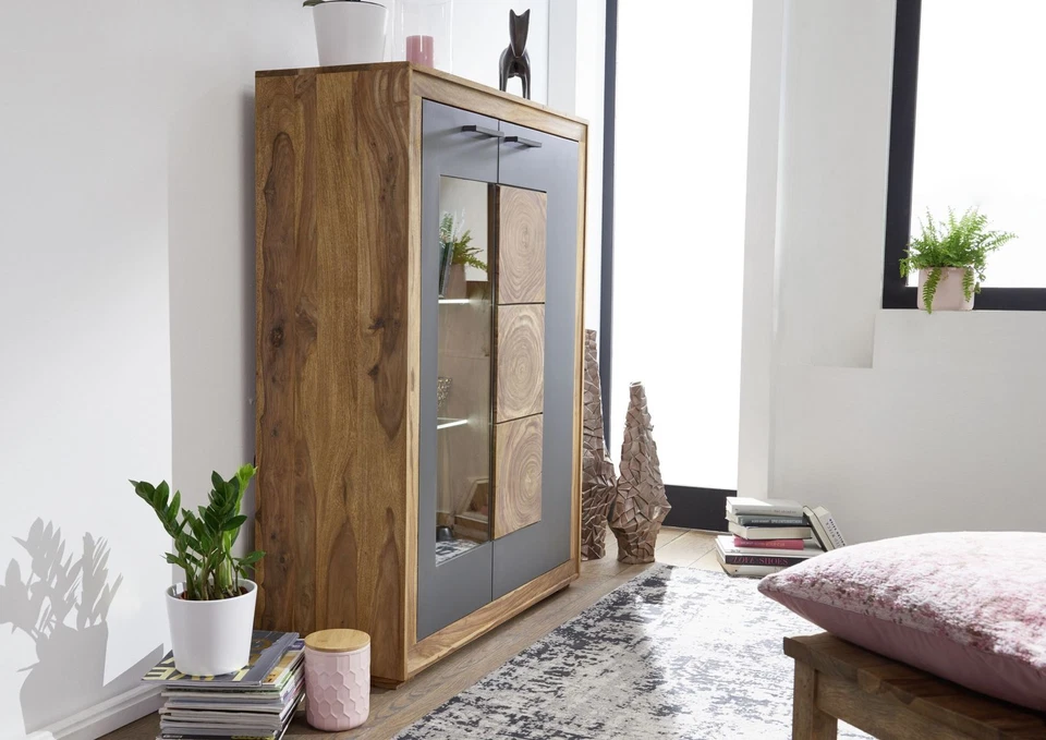 Highboard Anrichte Vitrine massiv Mehrzweckschrank Sheesham grau schwarz 103x135 - Bild 4 von 4