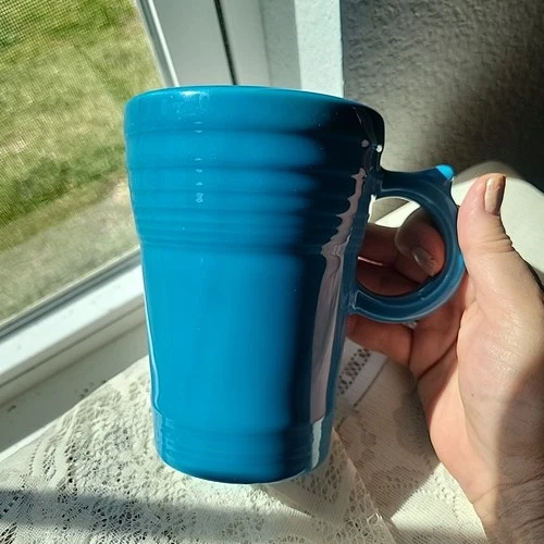 Homer Laughlin Fiesta Ware Latte Mug Ring Handle Thumb Rest Peacock Blue 5 1/2"