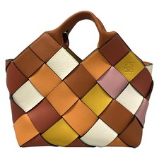 LOEWE Woven Basket Bag Small Orange Dark Brown Multi Calf Skin Tote Bag