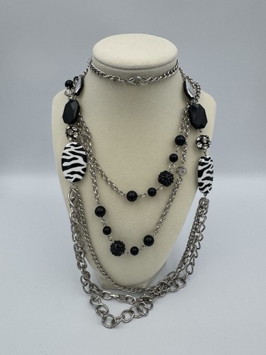 Vintage Y2K Zebra Print Layered Necklace Set Lot of 2 Black White Silver Tone