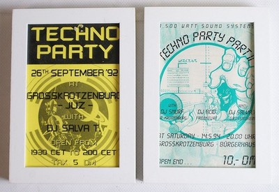 2 alte Flyer - Techno Party Grosskrotzenburg 1992 / 1994 - Gerahmt