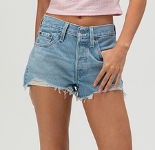 Levi's Premium 501 High Rise Denim Shorts W27 Distressed Raw Hem Light Wash