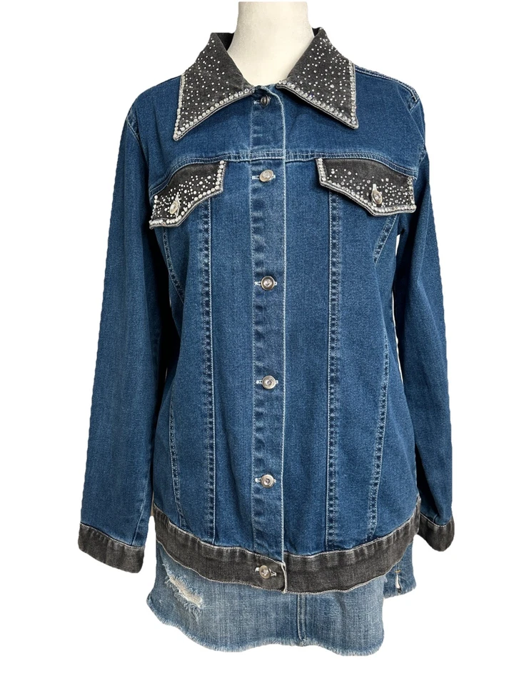 Quacker Factory Dazzling Rhinestone Embellished Blue Black Denim Jacket S Bling - Image 3 of 4