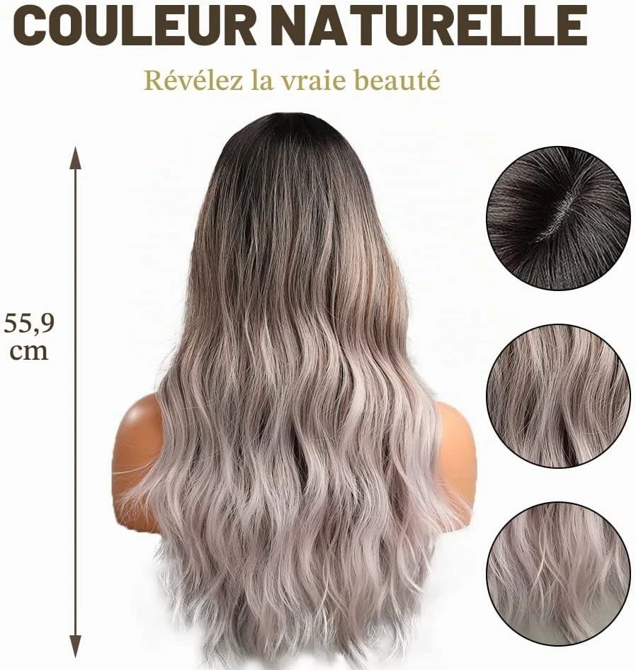 Perruque Femme Ondulée Longue Ombré Noir Gris - Thermorésistant - 22 pouces 7743 - Photo 4/4