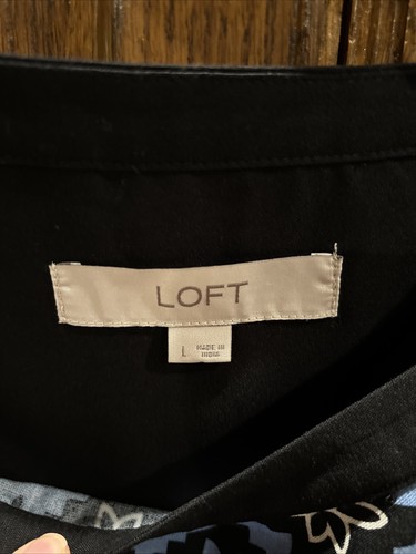 New W/O Tags LOFT Women’s Dress Black With Blue/White Geometric Pattern Sz Large - Picture 5 of 6