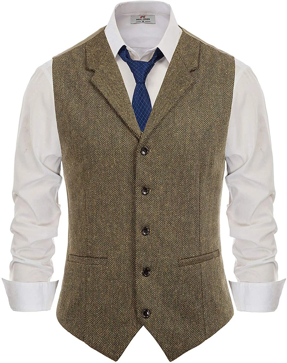 Mens Herringbone Tweed Dress Vest British Slim Fit Notch Lapel Waistcoat Vests