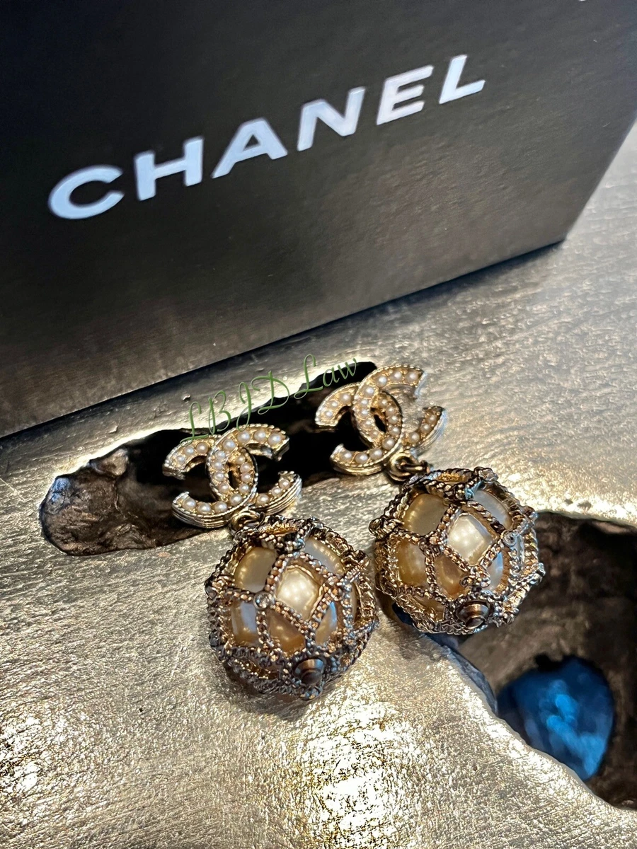 CHANEL 19C Cage Earrings Gold Crystal Ball Pearl Drop Classic CC Studs  UNICORN