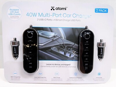 **2 PACK* Atomi 40W Multi-Port Car Charger 2 USB-C Ports + 4 Smart USB Ports NEW