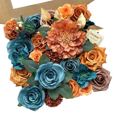 Roses Artificial Flowers Bouquet Box Set Faux Silk Floral Arrangement Teal
