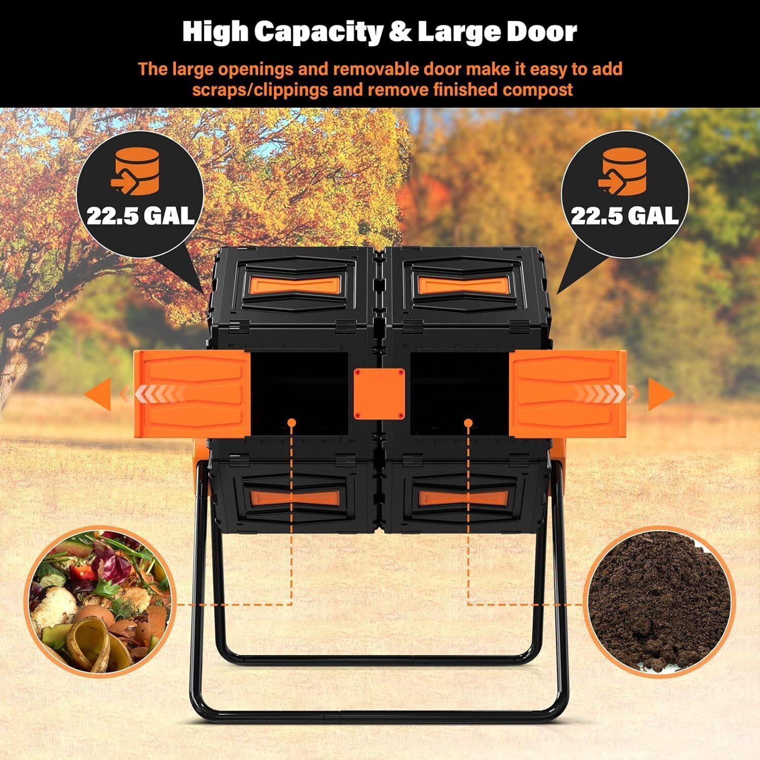 45 Gallon Dual Compost Bin w/2 Sliding Doors Outdoor Tumbling Composter Chamber