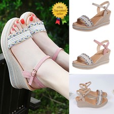 New Womens Wedge Sandals Peep Toe High Heels Platform Ankle Strap Slippers