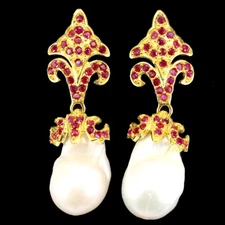 925 Sterling Silver Earrings Baroque Pearl 22x14mm Ruby Natural Gemstone Jewelry