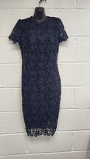 M&S Navy Blue Lace Overlay Short Sleeve Pencil Midi Dress Size 8 BNWT. PT