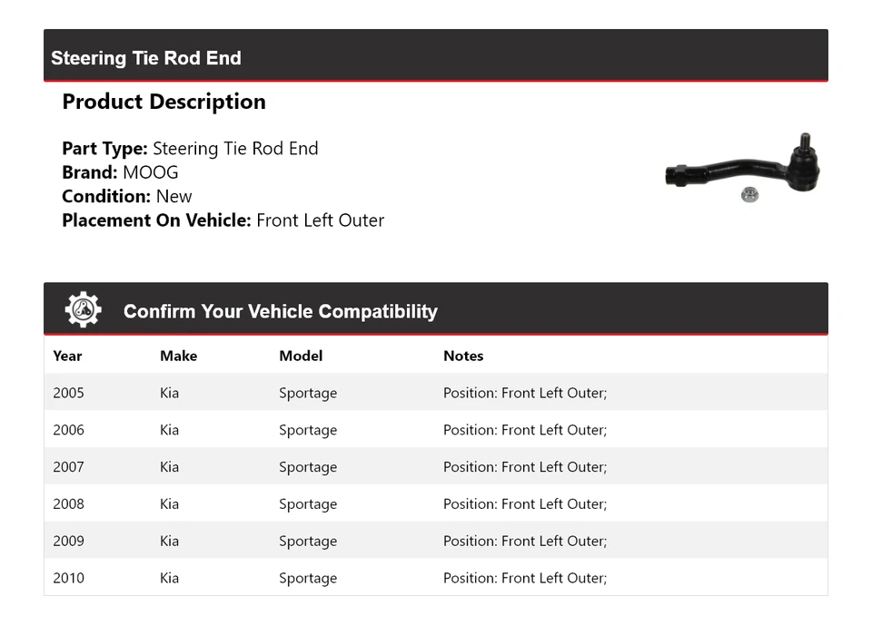Barra de amarre de dirección delantera izquierda exterior MOOG 2005 2006 para Kia Sportage 2005-2010 Foto 2 de 4