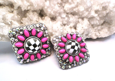 Pink Checkered Western Conchos Set AB Rhinestone Cowgirl Screw Back Rodeo Boho