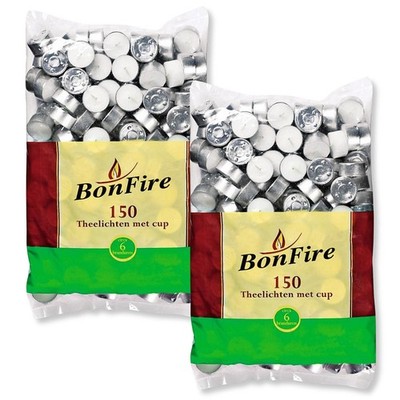 300 x Bonfire Teelichter 6 Stunden Brenndauer Teelicht Alu Cup Beutel (2x150er)