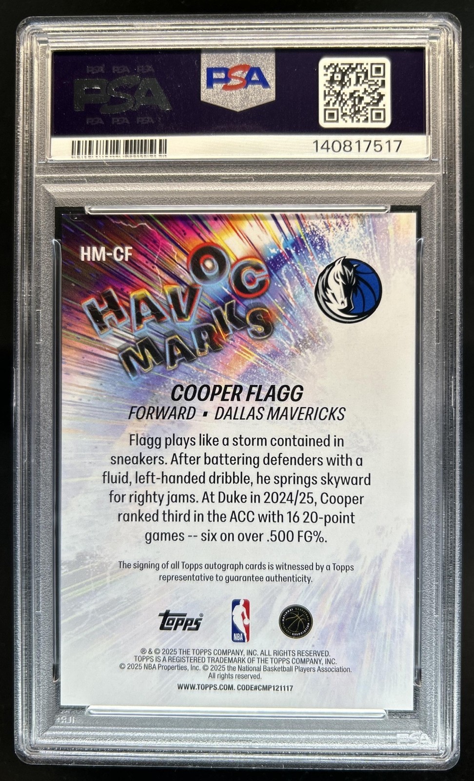 2025-26 Topps Cooper Flagg Havoc Marks RC Rookie Auto #HM-CF Mavericks PSA 9 view 2