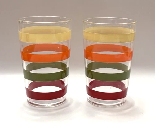 Vintage FIESTA Striped Juice Tumblers, Red/Green/Orange/Cream, 3.75"