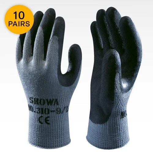 10 x SHOWA 310 Grip Gloves Latex Palm Coating Robust Work DIY Builders BLACK