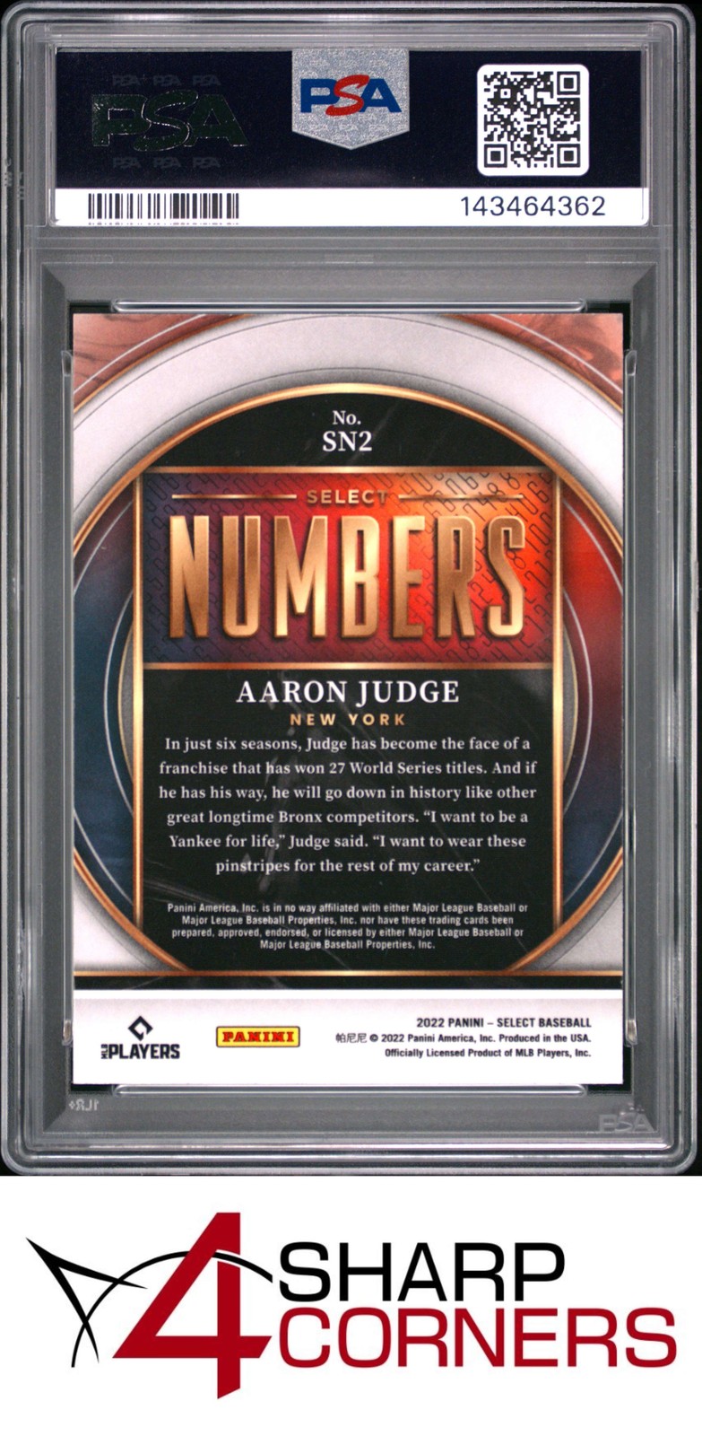 2022 PANINI SELECT SELECT NUMBERS #SN2 AARON JUDGE PSA 10 view 2