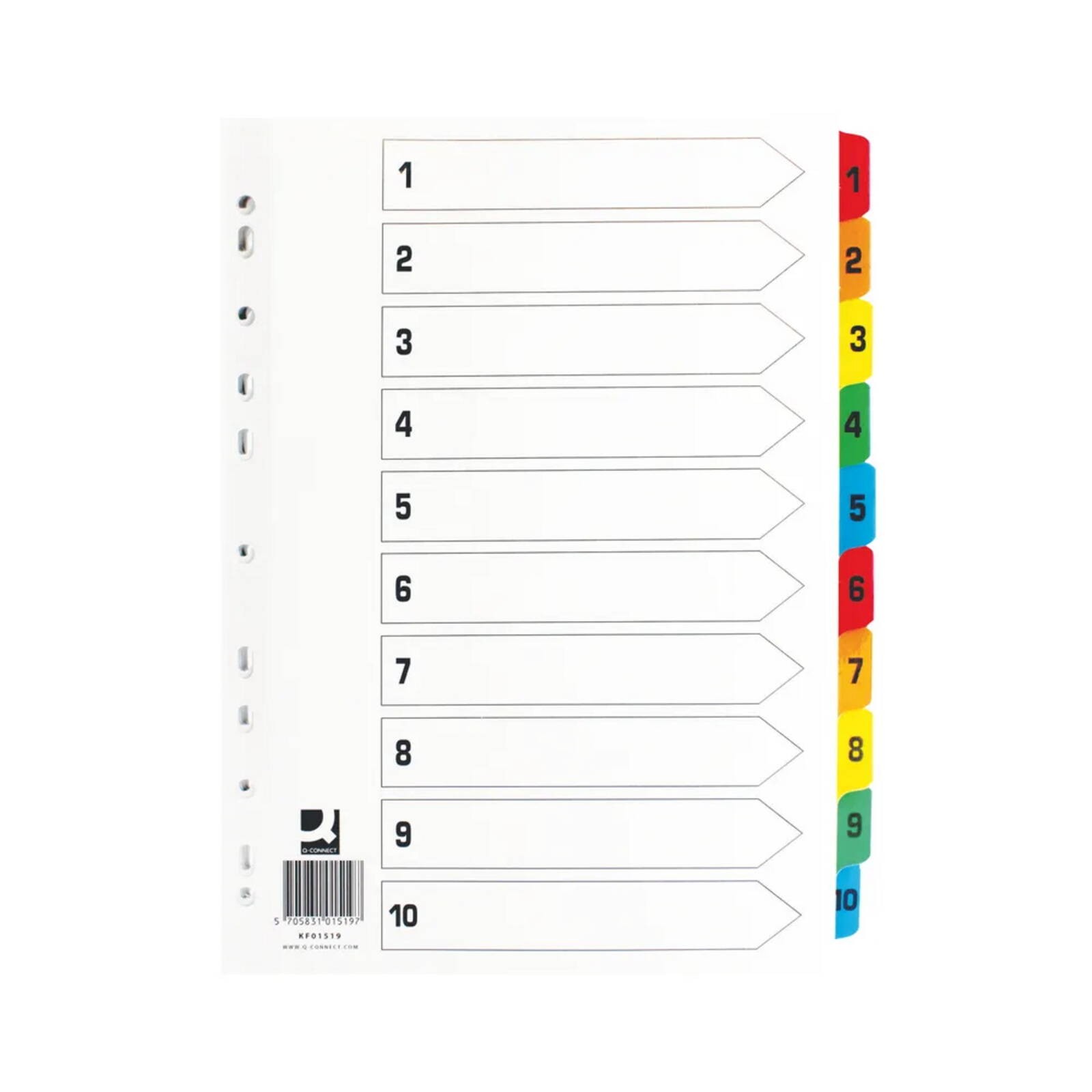 Q-Connect A4 Multi-punched Reinforced Board 1-10 Numbered Index Tabs - KF01519