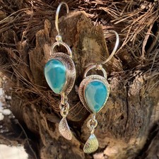 925 Silver Pear LARIMAR Gemstone Ethnic Dangling Throat Chakra Earrings Jewelry