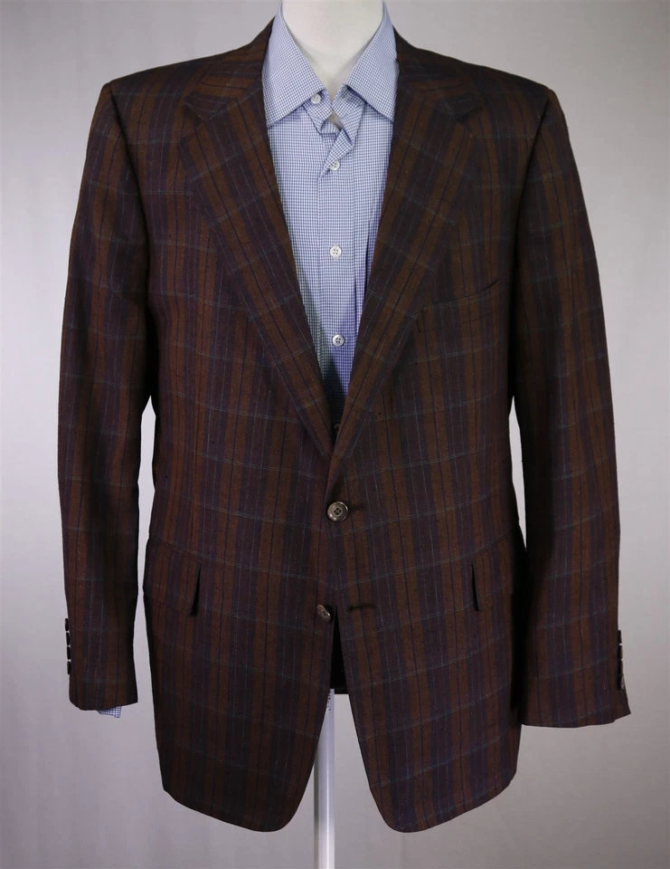 Chaqueta Blazer Tom James Vintage Años 80 Borgoña Marrón Cuadros Seda Cruda 2-Btn 46R Foto 2 de 4
