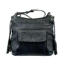 American West Womens Waxed Zip Top Black Leather Handbag Bag OS