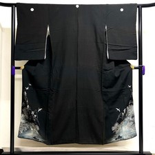 Japanese Kimono Black Tomesode Retro Five-Crest Embroidery Cotton Crane Pine Lan