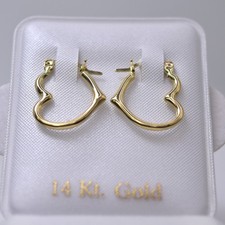 Solid 14K Yellow Gold Heart Hoop Earrings Latch Back 14Kt Tilted Open Heart 585