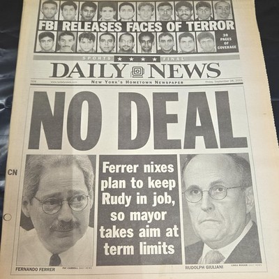 Daily News Sep 28 2001 Newspaper 9/11 FBI Faces of Terror Rudy Giuliani No Deal