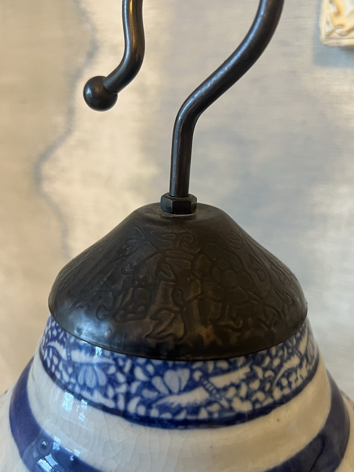 XL Chinoiserie Blue And White Bird Cage Vintage