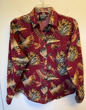 VTG Roughrider Top Button Up Native Print 90's Red Feathers Medium Rodeo Horse