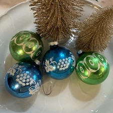 Vintage glitter stencil Christmas balls blue and green made in USA set of 4