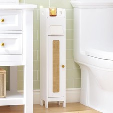 Small Bathroom Storage Cabinet with Toilet Paper Holder, White PE Rattan Door,