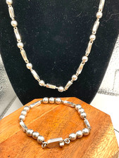 Sterling Alicia Taxco Necklace Bracelet Modernist Mexico Bead and Bar Chain 925