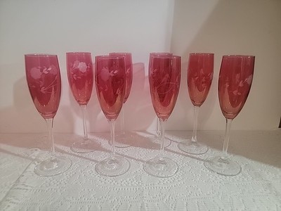 Vintage Cranberry Rose Etched Champagne Flutes Set Of 8 Made In France